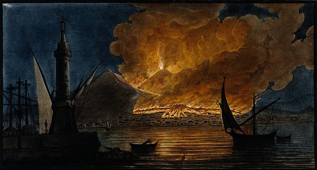 Mount Vesuvius in eruption in 1767, from the mole at Naples. Coloured mezzotint by Pietro Fabris
