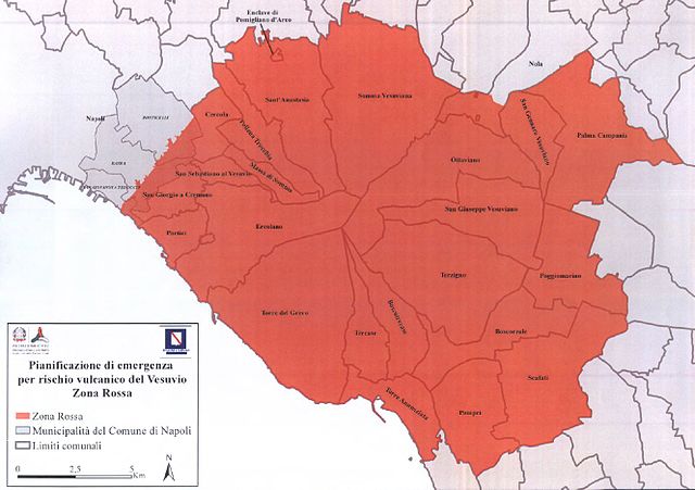 Mapa de la Zona Roja, que incluye 25 municipios vesuvianos