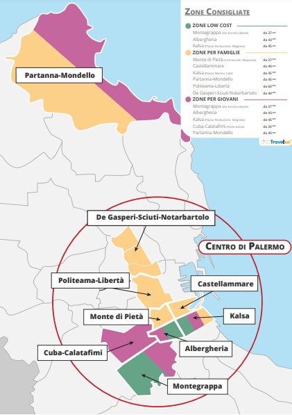mapa con las mejores zonas para alojarse en Palermo