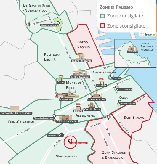 Mapa de zonas donde alojarse en Palermo