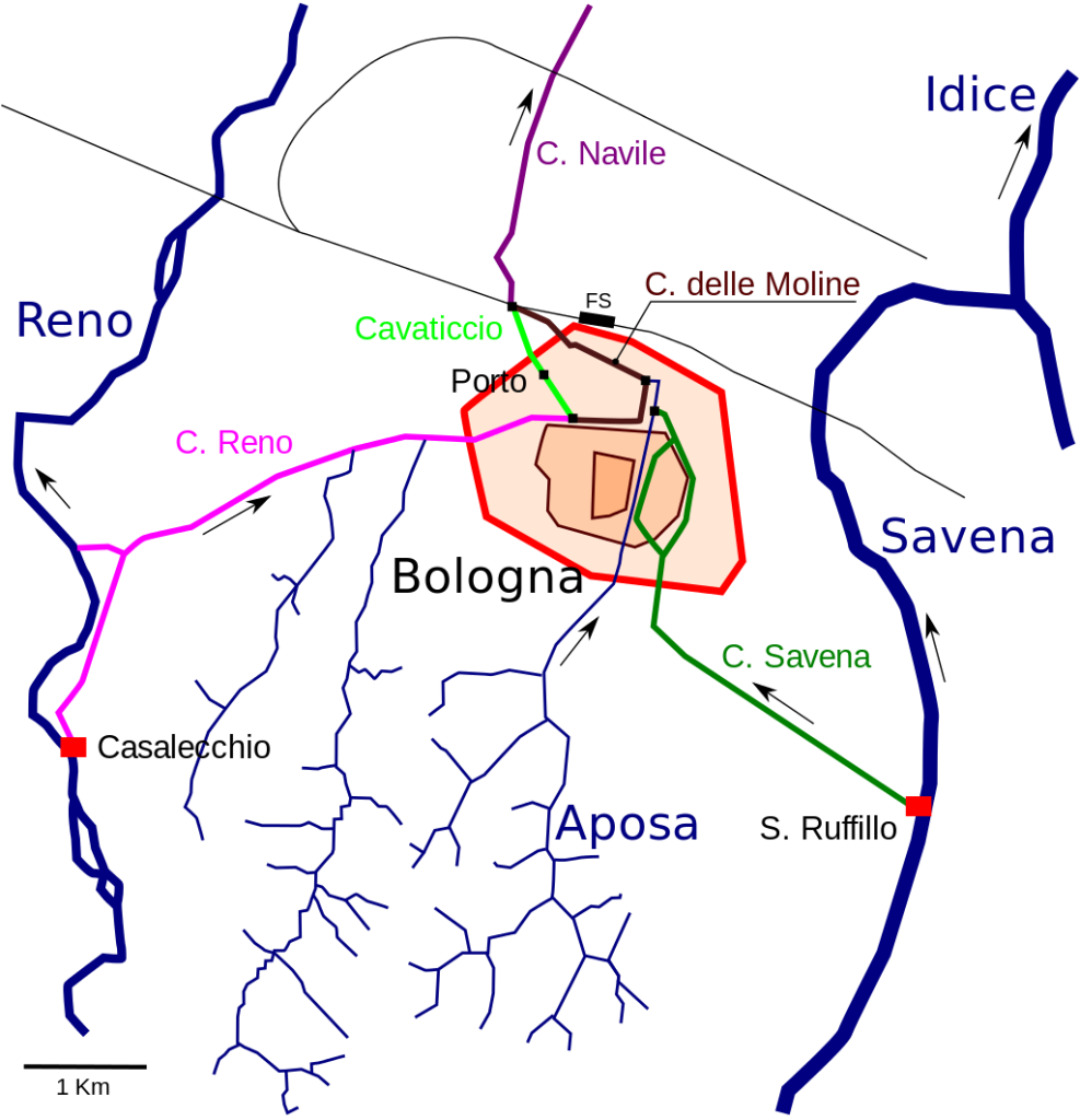 Mapa de los Canales en Bolonia